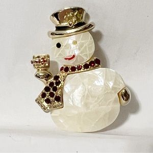 Liz Claibourne Gold Toned Snowman Brooch Pin Crackled  Glass Missing One Eye
